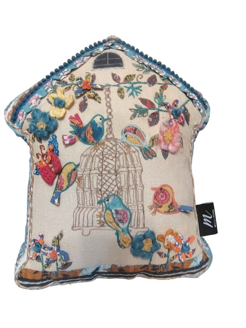 Milli Home Crochet Embroidered Pillow Birdhouse Flowers Birdcage Cottagecore